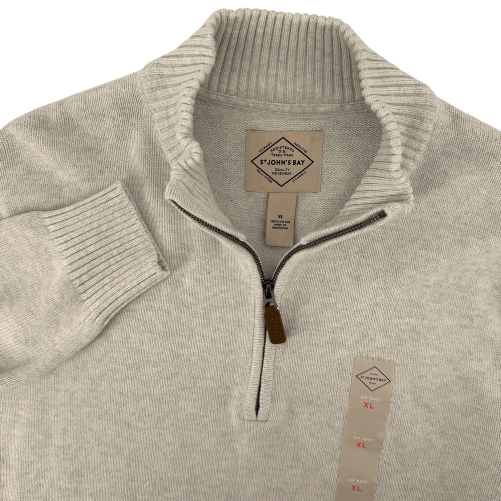 St. John's Bay Zip Neck Sweater Mens XL Cream Heather Quarter Zip Cotton Knit